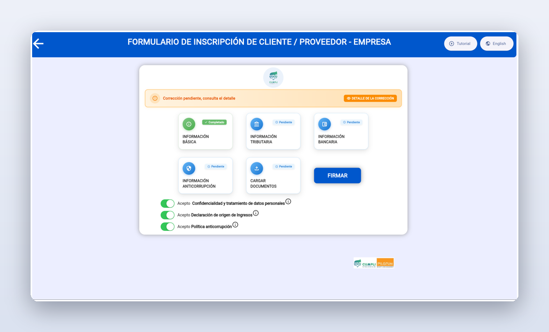 Pantalla de resumen y navegación del formulario KYC