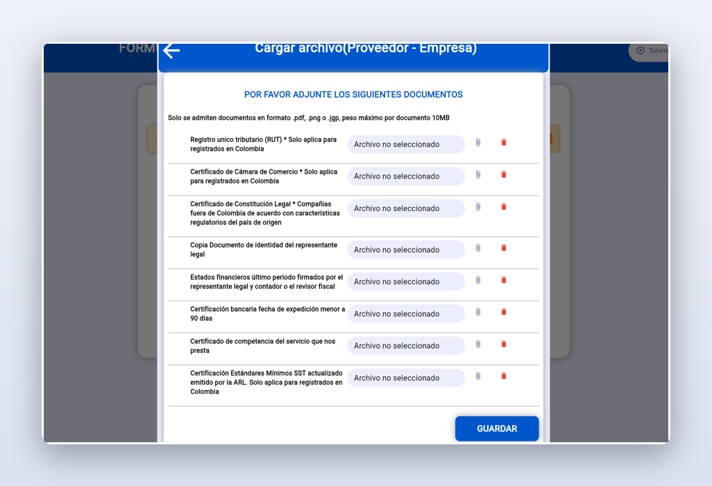 Carga de documentos y firma electrónica en el formulario KYC